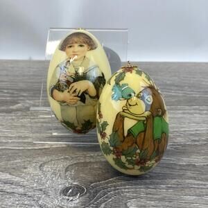 LOT 1985 Mother Goose Associates Egg Xmas Ornament Monkey Boy Handcrafted Signed